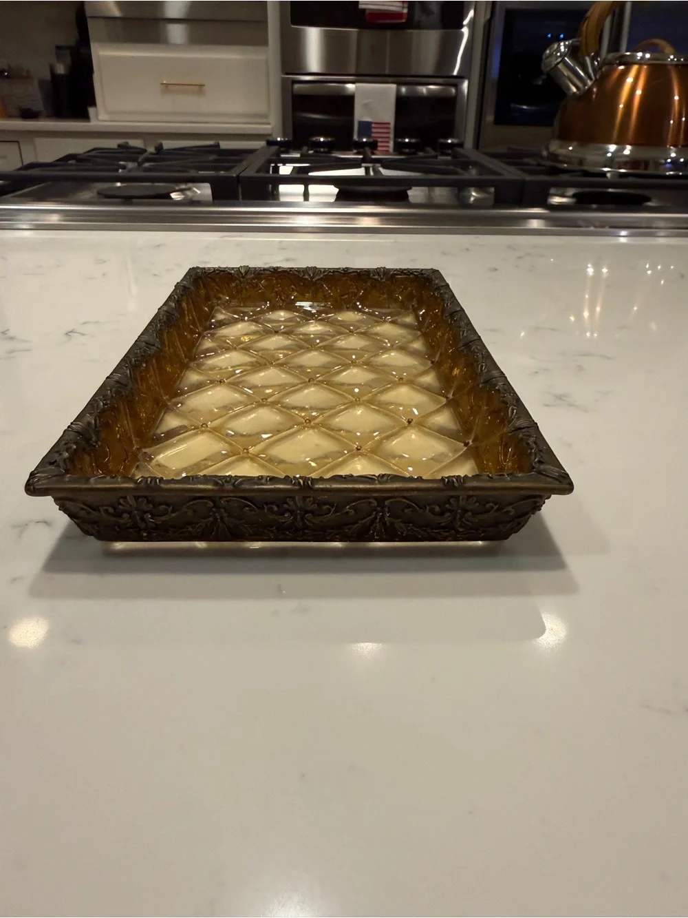 Vintage Amber Faux Glass Decorative Vanity Tray Brass Tone Filigree Catchall